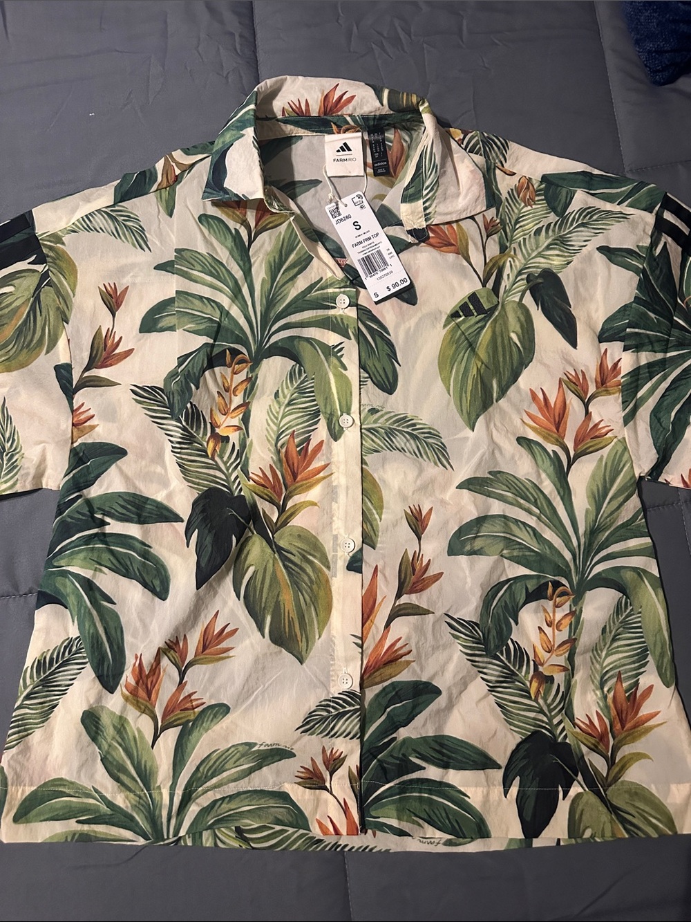 adidas Cream Tropical Print Button-Down Shirt w/Green Leaves, Oversized Small